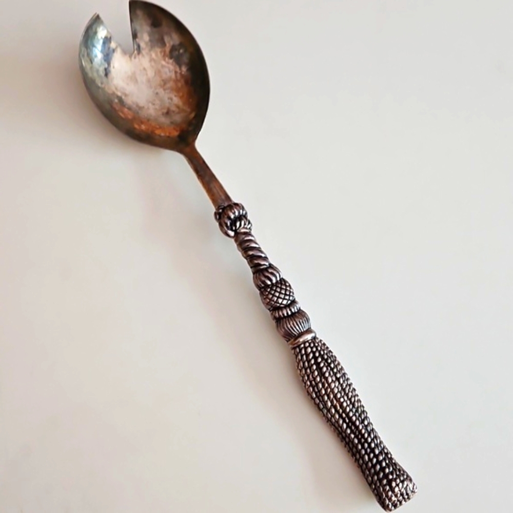 VINTAGE Silea Italy Ornate Rope Tassel Silver Serving Spoon 11"Cartizone Pattern
